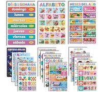 DeeDee's Workshop 16 affiches de spagnole - Apprentissage de l'espagnol pour enfants, Abecedario para Niños en Español, jours de la semaine et calendrier