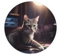 Deejay Cat Scratching Club Puzzles 1000 pièces pour Adultes Puzzles Ronds 1000 pièces pour Adultes Soirée de Jeux en Famille, œuvres d'art décoratives à Faire soi-même 67,5 x 67,5 cm