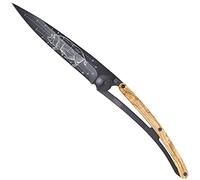 deejo - Couteau 390G Copains comme Cochon - Manche en Bois d'Olivier, Lame en Acier Inoxydable 3CR13, Finition Titane Noir - Fine Gravure Laser - Couteau Pliant d'Envergure