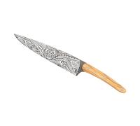 deejo - Couteau de Chef Pleine Soie - Manche en Bois d’Olivier Riveté, Motif Triskell - Lame en Acier Inoxydable X50CRMOV15, Finition Titane Gris Anthracite
