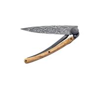 deejo - Couteau de Poche Pliant 27g - Manche en Bois d’Olivier, Lame en Acier Inoxydable Z40C13 - Motif Pacifique - Couteau de Table, Randonnée, Camping, Bivouac