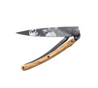 deejo - Couteau de Poche Pliant 37g avec Clip Ceinture - Manche en Bois d’Olivier, Lame en Acier Inoxydable Z40C13 - Motif Hurlement - Couteau de Table, Randonnée, Camping, Bivouac