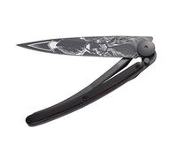 deejo - Couteau de Poche Pliant 37g - Manche en Bois d'Ébène, Lame en Acier Inoxydable Z40C13 - Motif Cerf - Couteau de Table, Randonnée, Camping, Bivouac