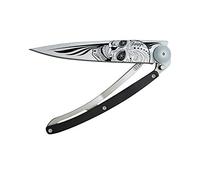 deejo - Couteau de Poche Pliant 37g - Manche en Bois d'Ébène, Lame en Acier Inoxydable Z40C13 - Motif Crâne Latino - Couteau de Table, Randonnée, Camping, Bivouac