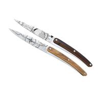 deejo - Lot de 2 Couteaux d’Office - Manches en Bois d’Olivier et Corail, Motifs Globe Trotter et Terra Incognita - Lames Fixes en Acier Inoxydable 2CR14, Finition Miroir