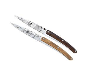 deejo - Lot de 2 Couteaux d’Office - Manches en Bois d’Olivier et Corail, Motifs Globe Trotter et Terra Incognita - Lames Fixes en Acier Inoxydable 2CR14, Finition Miroir
