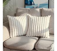 DEELAND Lot de 2 Housses de Coussin décoratives Double Face en Fausse Fourrure pelucheuse et pelucheuse, à Rayures Douces pour canapé, Chambre à Coucher, Blanc, 40,6 x 40,6 cm