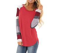 DEELIN Femme Décontracté Bloc de Couleur Manches Longues Patchwork T-Shirt Col Rond en Vrac Tunique Tops (X-Large, Rouge)