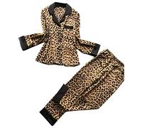 DEELIN Femme Printemps Automne Léopard Satin De Nuit Ensemble De Revers À Manches Longues Boutonné Blouse + Long Pantalon, Mode pour Dames Lâche Casual Homewear 2PC