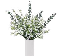 DEEMEI Lot de 18 Fleurs artificielles d'haleine de bébé avec Feuilles d'eucalyptus artificielles - Bouquet de gypsophiles Blanches artificielles au Toucher réel pour Mariage, Arrangement Floral, fête