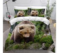 DEEMOL Housse de Couette 140x200 cm Enfant 1 Personne Parure de Lit Ours Brun, Forêt Verte Housse Couette Douce Microfibre Ado Garçon Fille, 2 Taies d'Oreillers 50x75cm