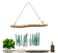 Deep Blue Sea Glass Wind Chimes for Outside, 13.78 X 11.8 X 0.71in Coastal Hanging Decor with Driftwood Frame and Tumbled Glass Pieces, Soothing Outdoor Pendant for Patio Garden Balcony