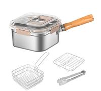Deep Fryer, Kitchen Frying Pan, 8.07x8.07x4.53 Inches Spill Proof Stainless Steel Pot with Wooden Handle, Deep Fryers for Home, Camping, Beach, Travel, Hiking, Dining Room
