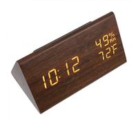 DEEPCRAFF Réveil Numérique LED en Bois Marron Triangulaire Affichage de Température et Humidité Multifonction pour Chambre, Design Moderne Minimaliste Câble USB