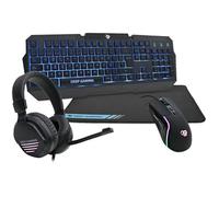 DeepGaming X-Wing Lot de 2 jeux 4 en 1 Clavier à membrane QWERTY avec Ñ rétroéclairé, souris optique RGB 7200 DPI, écouteurs avec