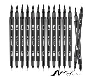 Deepton Lot de 12 feutres noirs à pointe fine - Noir - Stylo pinceau - Bullet Journal - Feutres étanches - Feutres épais et fins pour écrire, dessiner, esquisser