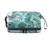 Deepwater Trousse de toilette double couche pour femme et fille, motif hippocampe, pieuvre, étoile de mer, trousse de toilette de voyage, trousse de maquillage pratique avec compartiment à brosse,