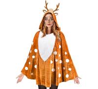 Deer Poncho Costume - Holiday Cape Outfit for Party Cosplay | Flannel Fabric with Antler Headband, 79cm Size, 320g Weight, Dress Up Stickers, Women Girls Masquerade Theater Festival Celebration