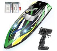 DEERC Bateau RC avec éclairage LED, 30 km/h, bateau de course télécommandé, auto-montant, 2 batteries, plus de 24 minutes de temps de conduite, jouet de piscine et de mer 2,4 GHz pour enfants et