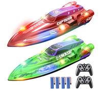 DEERC Bateau Télécommandé 2 Pièces, RC Racing Bateau Telecommandé Enfant avec Lumières LED, 4 Batteries, 2,4 GHz, Alarme de Batterie Faible, Enfants Adultes pour Piscines et Lacs