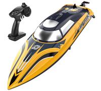 DEERC Bateau télécommandé rapide de 35,6 cm avec LED, temps de conduite de plus de 30 minutes, 20+ MPH, bateau de vitesse télécommandé pour piscine et lac, peinture à rayures, cadeau d'été pour