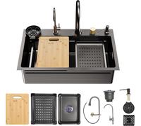 DeerValley Évier de cuisine en acier inoxydable noir et gris - 74,9 x 45,7 cm - avec robinet extractible, cascade et fonction nettoyeur de tasses