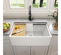 DeerValley Évier de ferme blanc de 83 cm, tablier en argile réfractaire, éviers de ferme à cuve unique, évier encastrable profond avec grille, filtre et accessoires de poste de travail