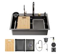 DeerValley Lavabo de cuisine Évier de cuisine en acier inoxydable noir et gris avec robinet extensible et évier cascade Raindance, grand évier (74,9 cm L x 45,7 cm) avec fonction de nettoyage de tasse
