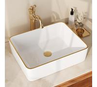 DeerValley Lavabo Salle de Bain en Céramique Blanc avec Bordure Dorée | 48 x 37cm, Rectangulaire,Émail Anti-taches, Nettoyage facile, Pour Salle de Bain et Salle D'eau