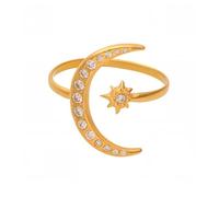 Déesse de la lune 5A Zircon réglable anneau hypoallergénique en acier inoxydable étoile céleste et lune bague, taille 7 ton or Non-ternissement empilable doigt bijoux (1g)