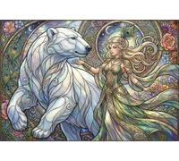 Déesse Ours Polaire Art Nouveau Mucha Puzzle en Bois 1000 Pièces Adultes Et Enfants, Déco Murale,Dès 14 Ans,Premium,Bois,Casse-tête,Défi,Jeu Éducatif,Anti-Stress,Détente (75x50cm)