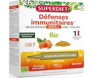 Défenses immunitaires - Gelée Royale 3000mg, miel, pollen - Bio - Unidoses | Cure de 20 Unidoses 15 ml- Format voyage- Immunité, Fatigue- Formule brevetée, ultra dosée- Fabrication Française - Superdiet