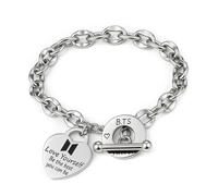 DEFGNOP BTS Bracelet Unisexe en Acier Inoxydable avec Pendentif en Forme de Cœur avec 1 Autocollant BTS et 2 Photocard, Article de Fan de Kpop Cadeau