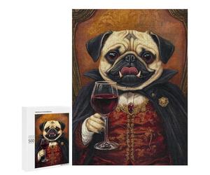 Défi Créatif - Dracula Pug with Wine Glass -1, 500 PCS, Puzzle-Image en Bois, Décoration Intérieure De Saison - pour Un Défi Gratifiant Le W nd