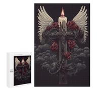 Défi Créatif - Gothic Cross with Roses and Wings, 1000 PCS, Puzzle-Image en Bois, Attention À Offrir; pour Partager Un Moment Autour De La Table