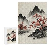 Défi Créatif - Japanese Ink Painting Landscape with Red Trees, 300 PCS, Puzzle À Exposer, Cadeau De Fin D’année, pour Se Détendre À La Maison sans Écran