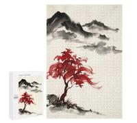 Défi Créatif - Japanese Ink Painting︰ Red Tree Landscape, 1000 PCS, Puzzle en Bois pour Adultes, Cadeau du Nouvel an - pour Les Passionnés Qui Aiment Les Détails