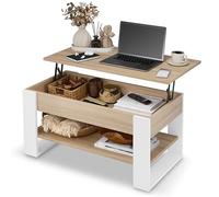 defiPad Table Basse Relevable avec Rangement - Table de Salon Moderne Industriel - Coffee Table avec Étagère et Compartiment Caché - Fabriquée en Europe - Réglable 45-61 cm (Blanc + Chêne Sonoma)