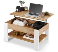 defiPad Table Basse Relevable avec Rangement - Table de Salon Moderne Industriel - Coffee Table avec Étagère et Compartiment Caché - Fabriquée en Europe - Plateau Réglable 45-61 cm (Blanc + Chêne)