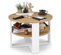 defiPad Table Basse Ronde Ø70 cm - Table d’appoint Bout de canapé avec étagère, 2 Niveaux, Meuble de Salon Moderne, Blanc et chêne, Design Industriel, fabriquée en UE (Blanc et Chêne)