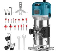 Défonceuse Affleureuse Électrique 1200 W, 30000RPM, 6 Vitesses Variables, avec 2 Pinces de 6/6.35mm, Coffret de 15 Fraises à Défoncer Queue de 1/4", Réglage de La Profondeur de Fraisage