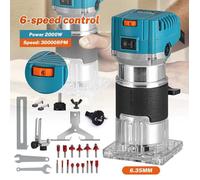 Défonceuse Affleureuse Électrique 2000W, Défonceuse à bois 30000 RPM, mandrin de 6,35 mm, 6 vitesses, 15 fraises, Base transparente