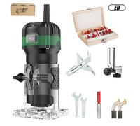 Défonceuse Affleureuse Électrique 33000RPM, Affleureuse à Bois 1/4"" Avec 15 Fraises à Défoncer Queue,6 Vitesses Variables,avec Boite