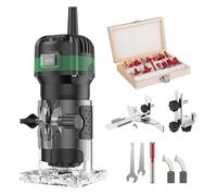 Défonceuse électrique à bois 800 W, 6 vitesses variable 33000 tr/min, pince de serrage de 6,35 mm, set de 15 fraises dans boîte en bois, tondeuse de précision pour le travail du bois