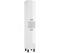 .Deftrans Armoire haute de salle de bain - Armoire de salle de bain étroite de 30 cm de large, blanc brillant, debout sur pieds noirs, 174 x 30 x 28 cm, 2 portes et compartiment ouvert, poignées en