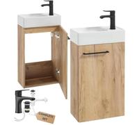 Deftrans Domodomo - Armoire de Salle de Bain Avec Lavabo - 40 x 60 x 21,3 cm - Ensemble en Céramique - Armoire Murale Pour Petite Salle de Bain (Chêne + Robinet, Noir)