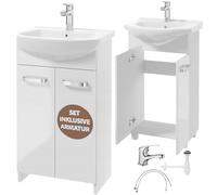 Deftrans Domodomo - Armoire de salle de bain avec lavabo - 85 x 50 x 40 cm - Blanc - Meuble en céramique - Meuble sur pied pour petite salle de bain (ensemble mitigeur de lavabo + siphon) - Blanc 45