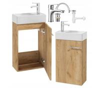 .Deftrans Lavabo 40 cm avec meuble bas suspendu WC pour invités - Mini lavabo à main - Chêne - Avec robinetterie, bonde, clic-clac, siphon - Petit meuble de salle de bain