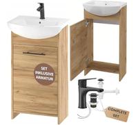 Deftrans Lavabo avec meuble bas 46,5 x 24,5 x 84 cm - Meuble bas en chêne - Lavabo WC avec meuble bas et robinet de lavabo de 45 cm