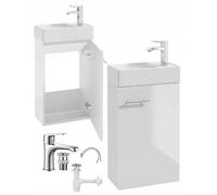 .Deftrans Lavabo avec meuble bas 60 x 40 cm blanc brillant - À suspendre - Ensemble lavabo WC pour invités avec robinet, siphon et bonde - Meuble de salle de bain pour petites salles de bains
